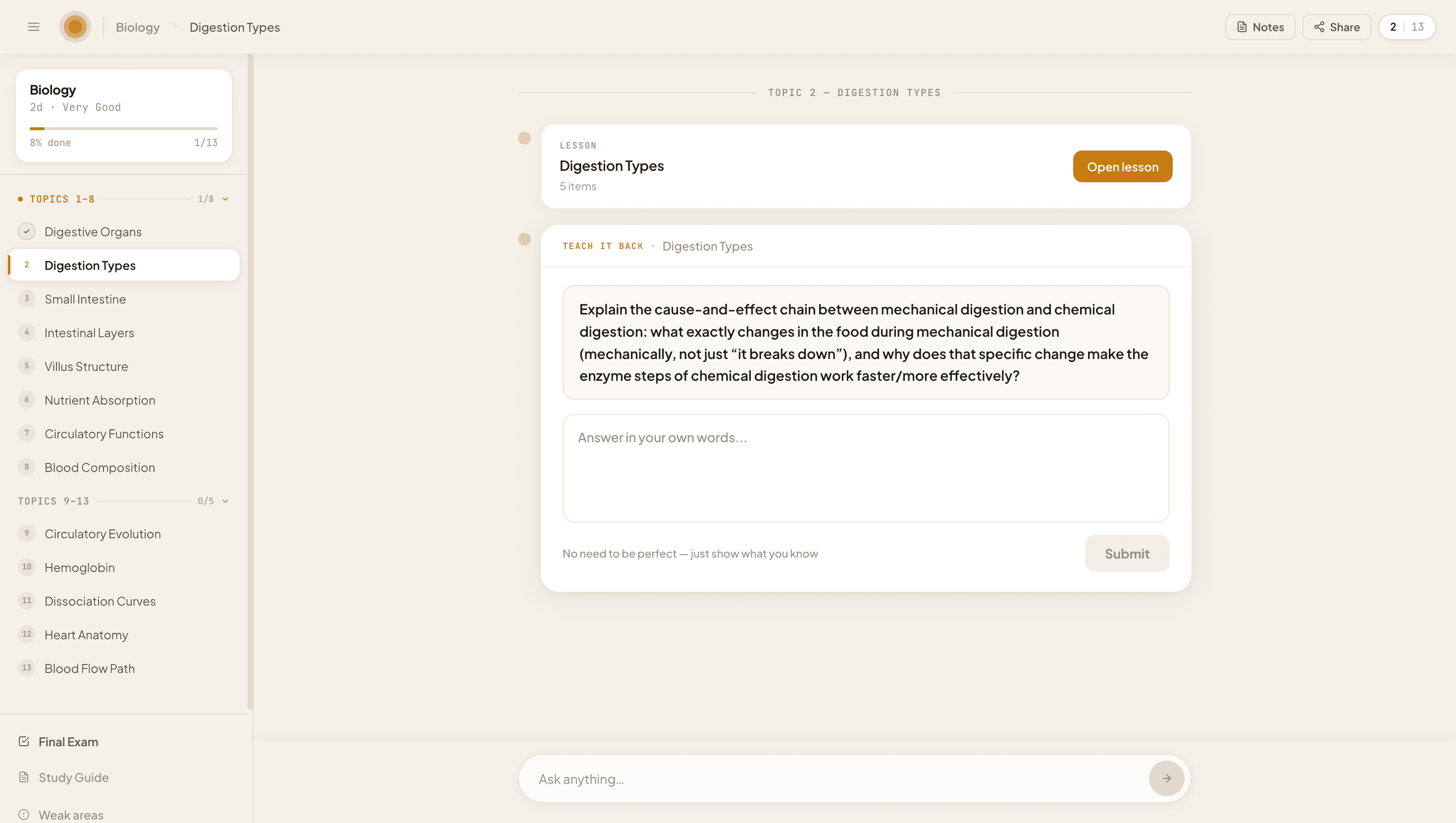 The Overstand app — your topic plan down the side, a lesson, and a question that makes you explain it back